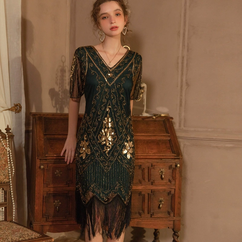Платье с пайетками в стиле 1920-х годов, платье с кисточками, европейское и американское платье для банкета, вечеринки или ужина, модный стиль 8018