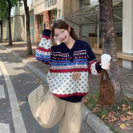 秋冬季新款宽松套头针织衫复古时尚撞色提花毛衣女上衣图片色均码