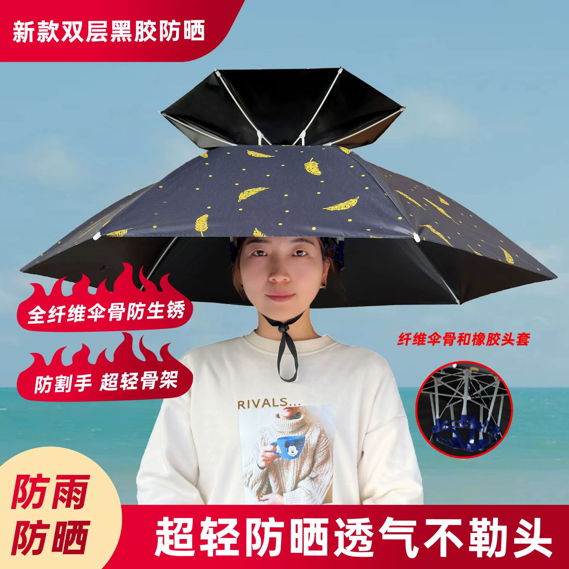 2024 новый тип головы двухслойный утолщенный солнцезащитный зонт шляпа для наружной рыбалки специальный портативный складной рыболовный зонт