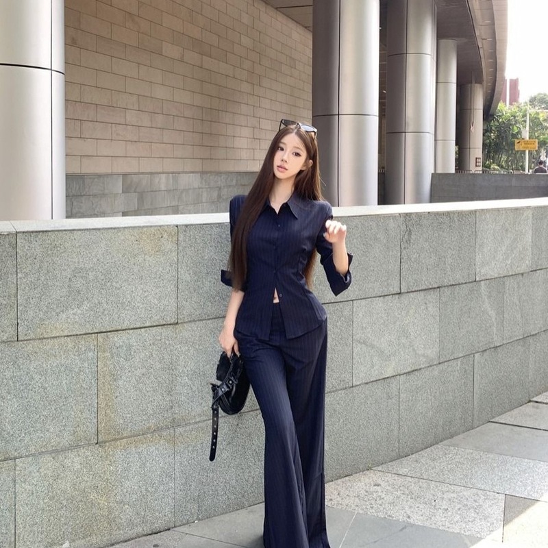 御姐感套装气质polo领长袖条纹衬衫女2025秋季微喇叭休闲裤两件套|undefined