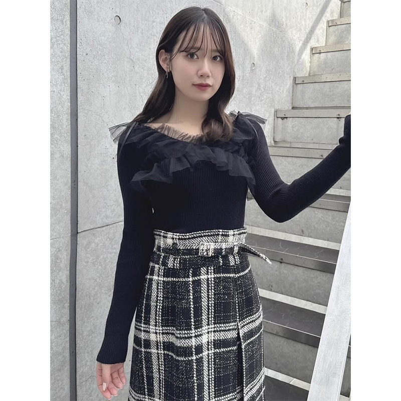 [Huilin] New Japanese Cross-border Flocking Tulle Spliced Long Sleeve Knitted Sweater 24AB061 for Autumn and Winter 2024