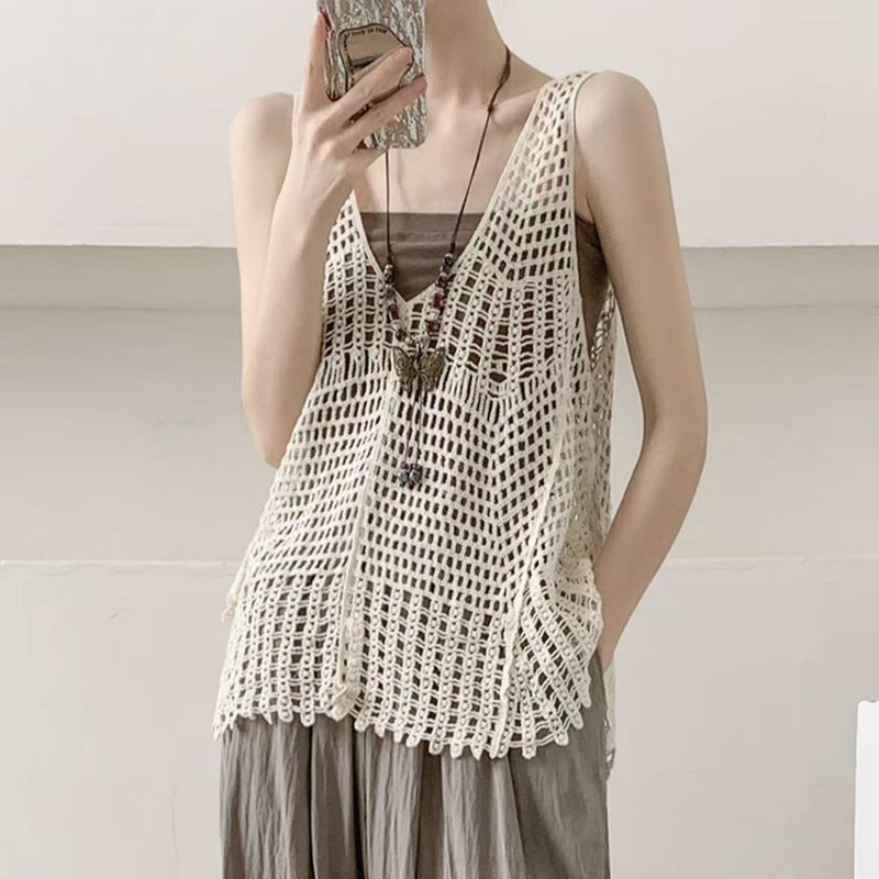 Summer Thin Hollow-Out Crochet Vest Paired with a Loose, Simple Bohemian Camisole Sleeveless Cover-Up