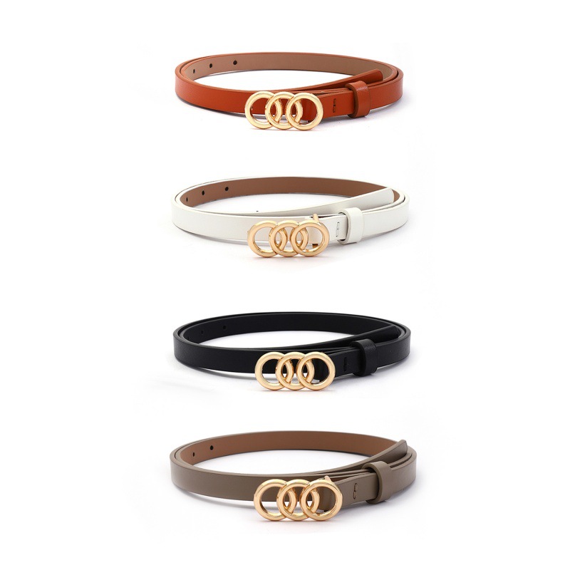 Cinturón femenino estilo coreano, versátil para vestido o jeans, color negro, diseño de tres anillos, moderno y elegante.