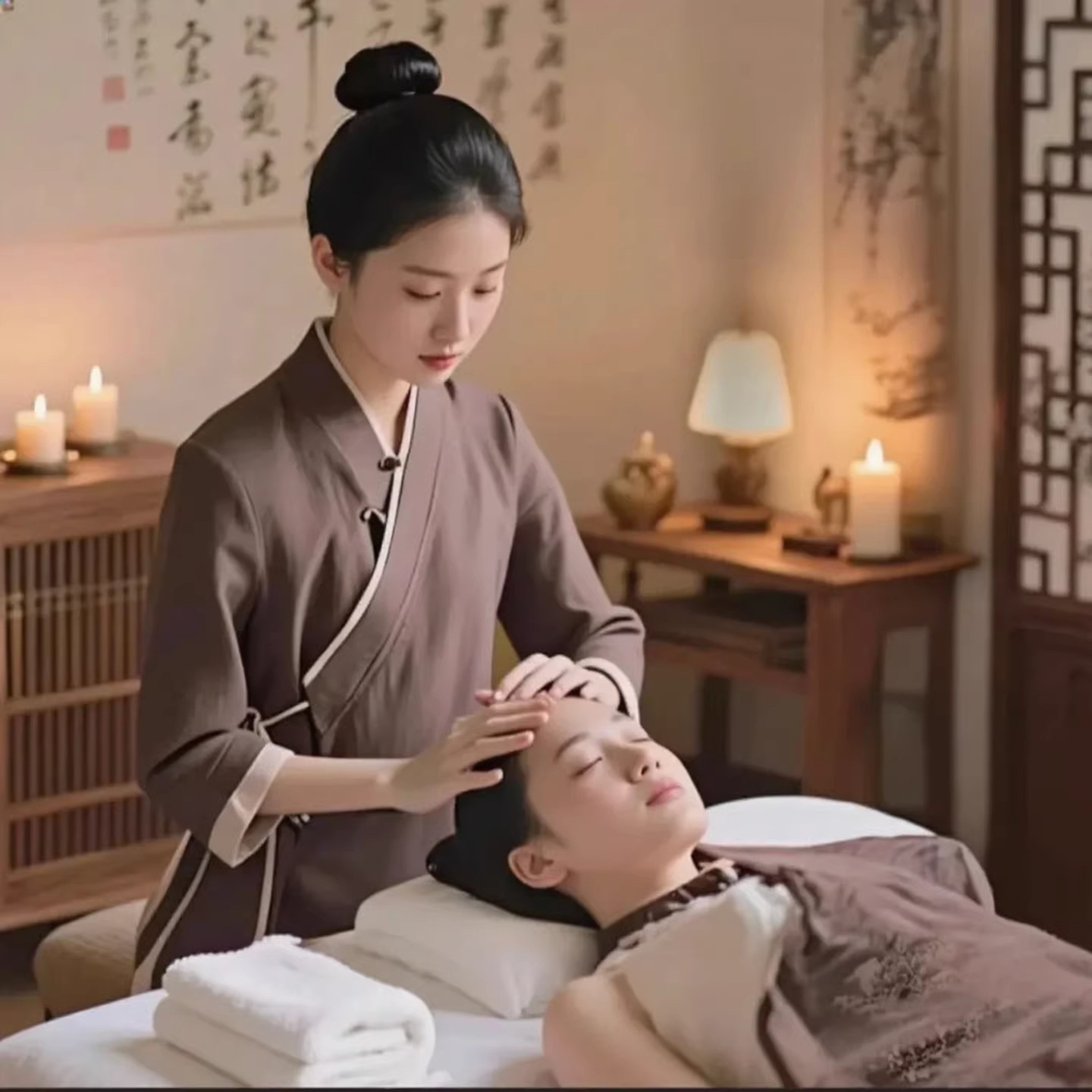 Beauty Work Clothes for Women, High-End Health Center Traditional Chinese Medicine Moxibustion and Head Therapy Therapist Uniforms, Chinese-Style Cotton and Linen Suits, Ear Cleaning Specialist Clothing