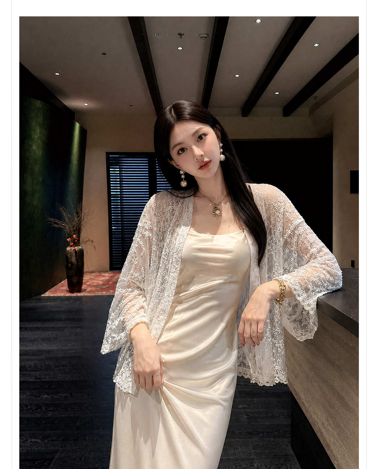 Áo sơ mi nữ dài tay thêu ren họa tiết hoa nổi, phong cách Tân Trung Hoa — Trắng sứ, Xanh mơ chi tiết 10