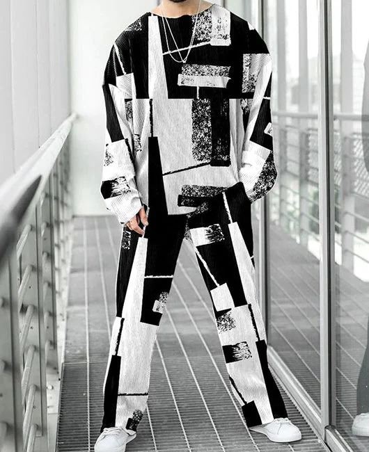 Colorido estilo personalizado estampado de dos piezas guapo otoño nuevo color contraste estilo Hong Kong cuello redondo camiseta pantalones ME6-MR10