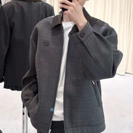 南油高版本MIU缪缪家 新款皮翻领拼色格纹贴布logo开衫男女夹克