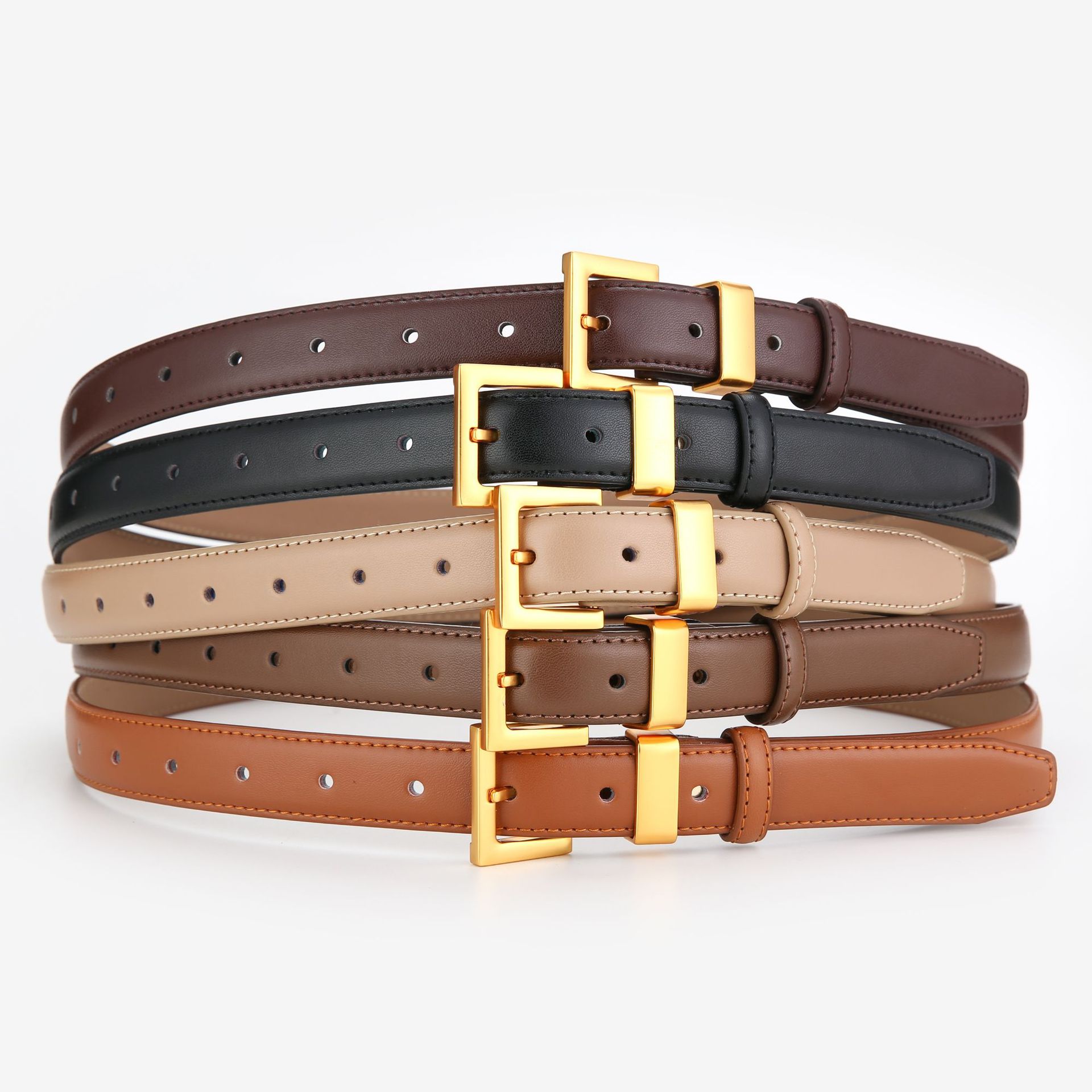 Women Genuine Leather Belt Set Brown Black Beige Tan Gold Buckle
