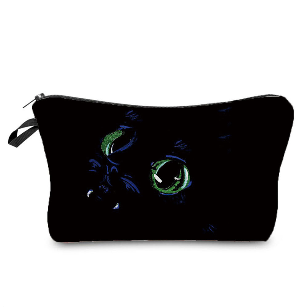 Fibre Peach Skin Material New Black Cat Printed Travel Simple Wash Bag Women's Cosmetic Bag Travel Portable Zipper Storage Bag Printable