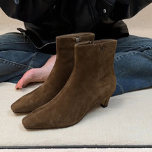 牛皮版~复古极简小猫跟方头瘦瘦靴女绒面侧拉链细跟通勤高跟短靴