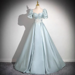 蓝色合唱晚礼服钢琴演奏显瘦成人礼蓬蓬裙毕业主持连衣裙气质简约