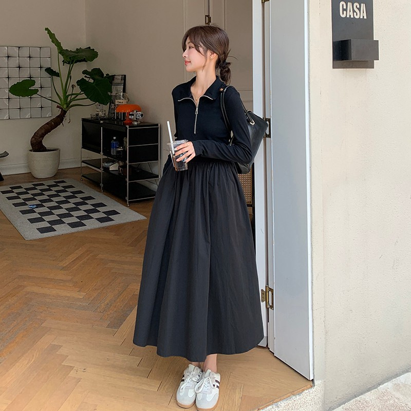 French-Style Faux Two-Piece Black Long-Sleeve Dress for Women, Autumn 2024 New Hepburn-Style Casual Sweatshirt Spliced Long Dress