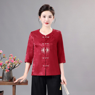 Old People's Shirt Women's Seven-Sleeve Grandma's Summer Top Mother's Summer High-End Tang Clothes Shirt Old People's New Clothes