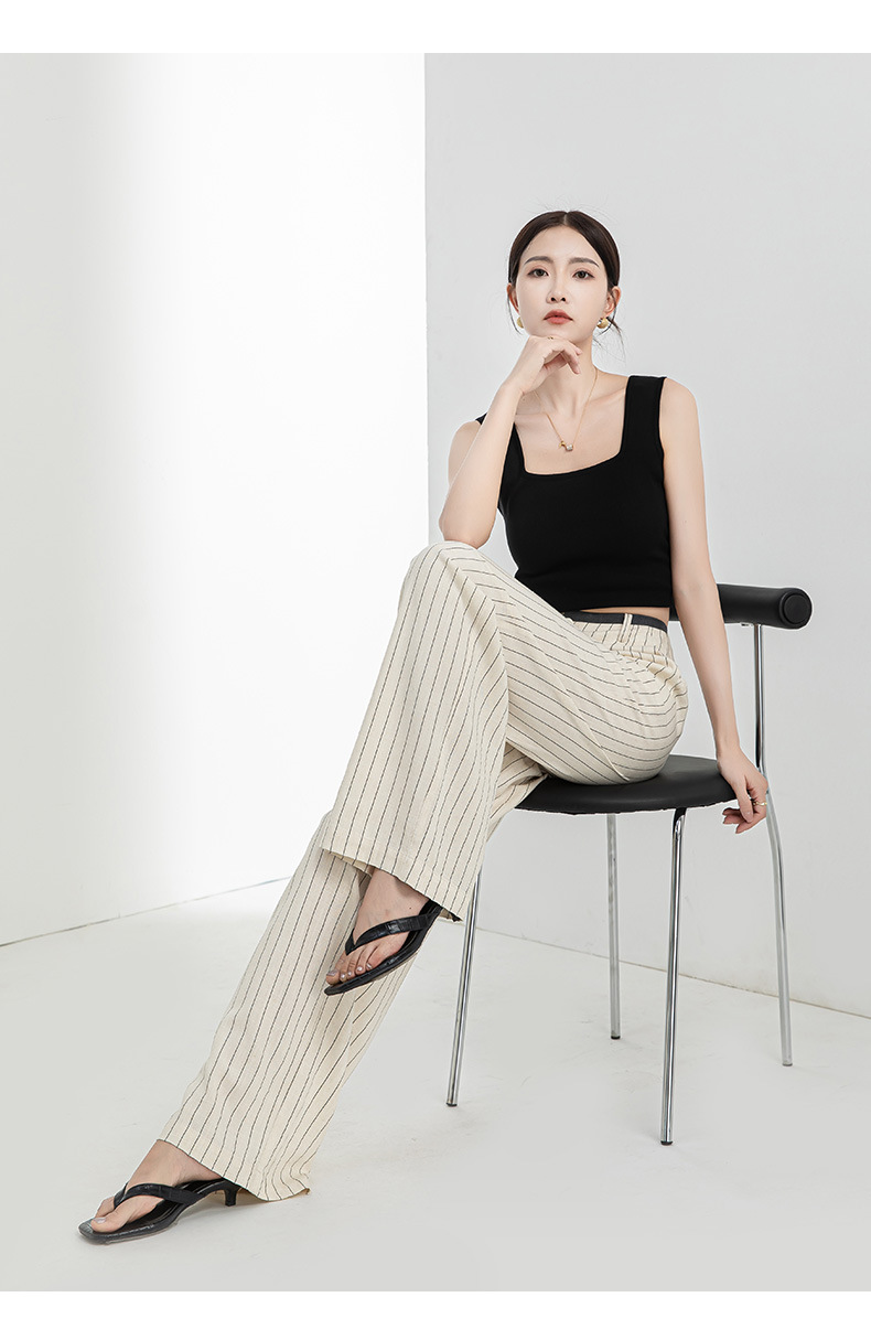 Quần culottes nữ ống rộng vải lanh sọc dọc, cạp cao phối màu, dáng suông thoáng mát — Vải gai sọc chi tiết 25