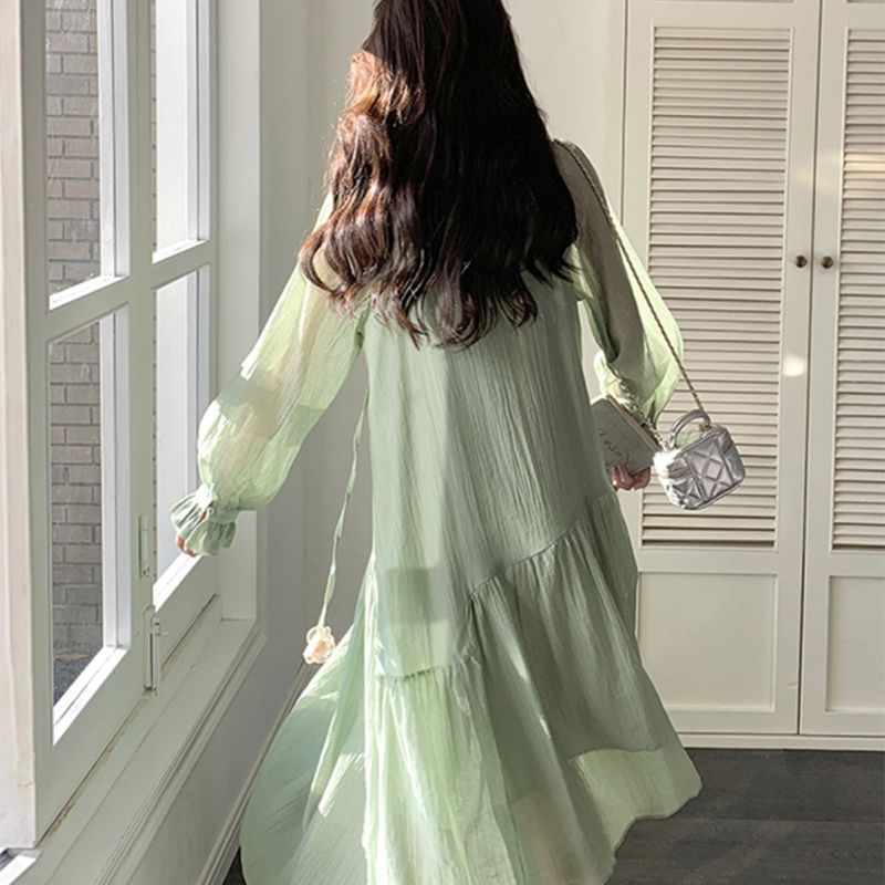 薄荷绿茶歇法式长袖连衣裙女2025春季新款温柔浪漫超仙绝美仙女裙|undefined
