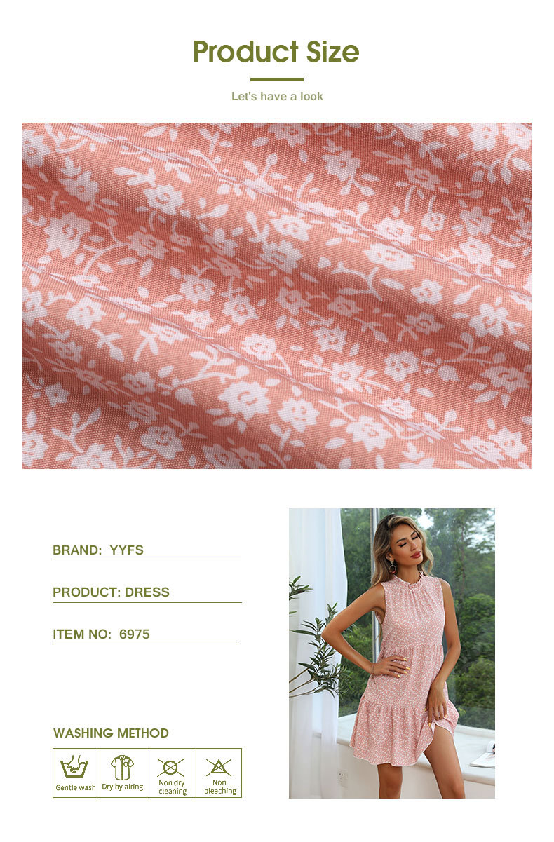 Floral Pink Sleeveless Pleated Cake Dress_voghion.com