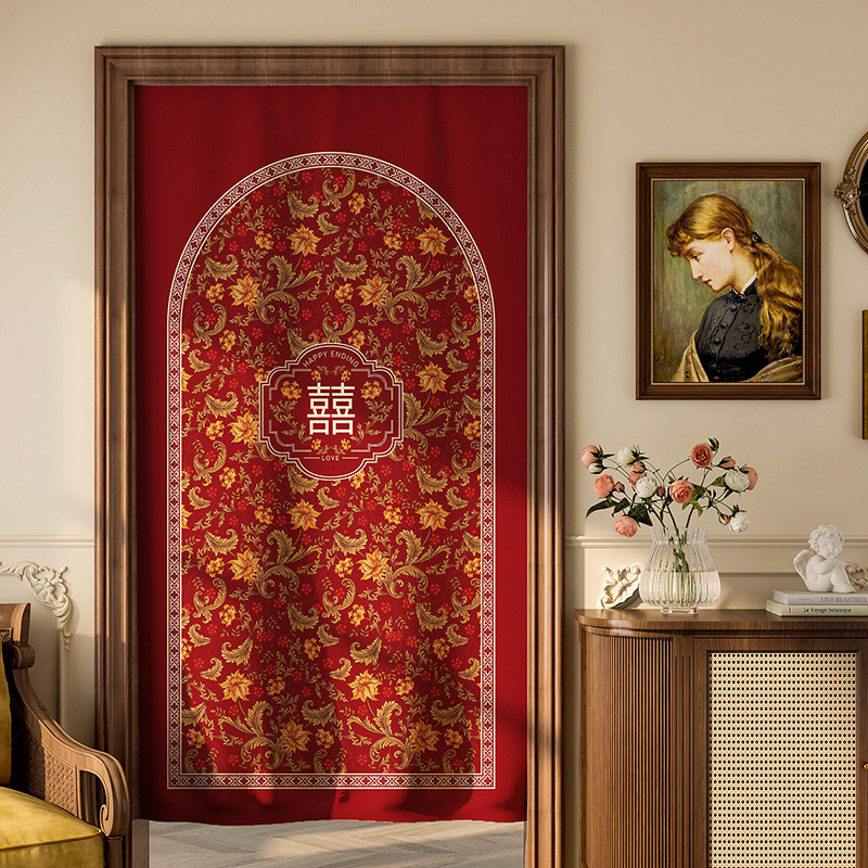 Wedding Festive Door Curtain French Decorative Red Festive Curtain Woman's Dowry Curtain Wedding Room Short Curtain with the Word 