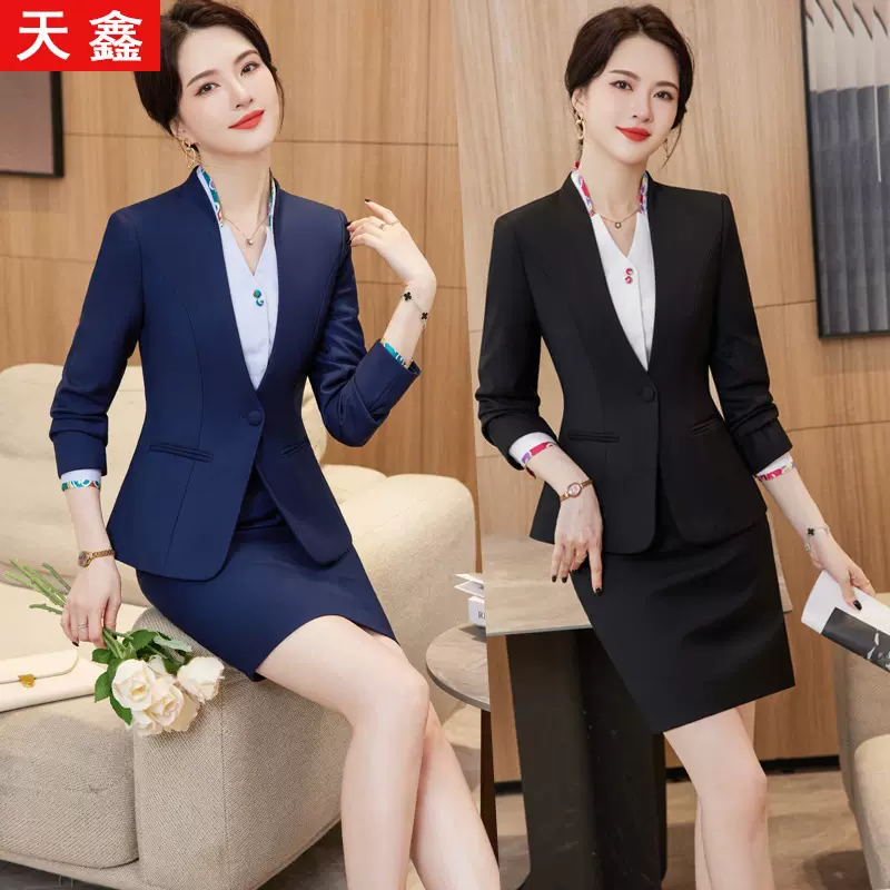 职业女装春秋新款长袖西服套装黑色西装售楼部珠宝店美容院工作服