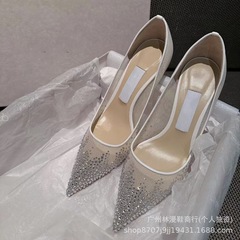 高版jc女鞋网纱婚鞋浅口细跟高跟鞋尖头平底烫钻仙女风伴娘鞋单鞋