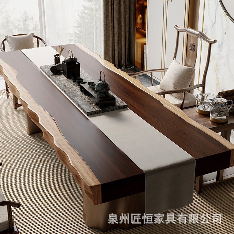新中国式自然辺大板実木茶卓セット原木不規則茶台オフィス泡茶テーブル椅子|undefined