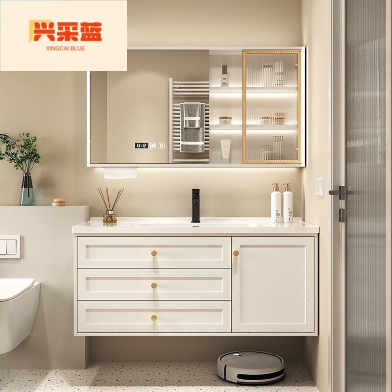 Cream Style Bathroom Sink Integrated Basin Bathroom Cabinet Smart Mirror Combination Wash Basin Wall Hanging