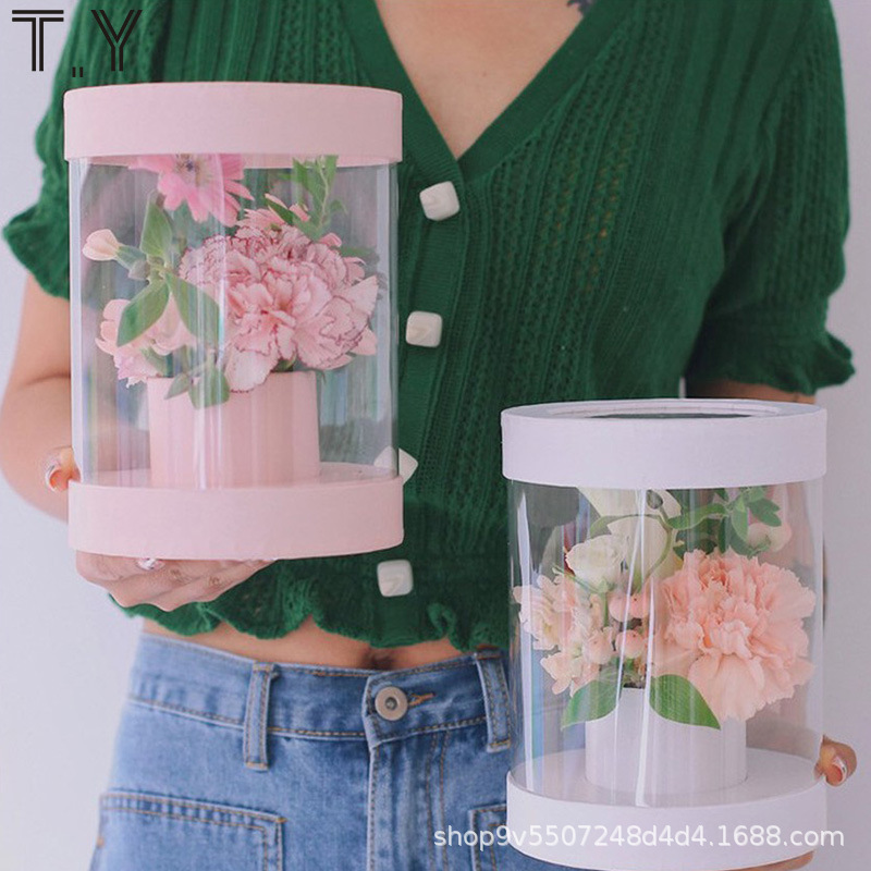 天鹰迷你圆形韩式手捧透明花盒蛋糕盒生日聚会pvc盒抱抱桶花盒