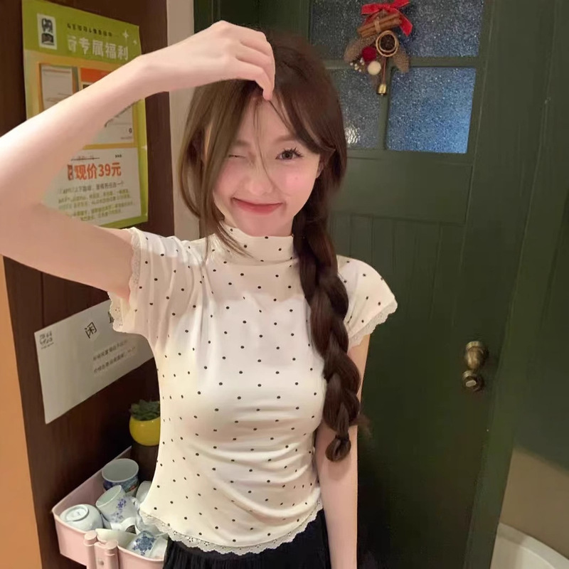 Stitching Lace Hem Polka Dot Front Shoulder Round Neck Short Sleeve Summer Fresh Age-reducing All-match Small Top T-shirt ins