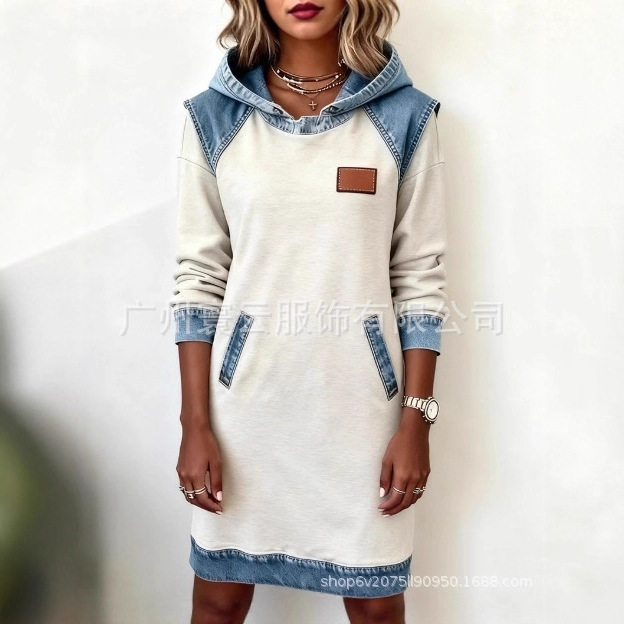 亚马逊跨境连帽拼接洗水牛仔连衣裙女新款休闲长袖A字裙