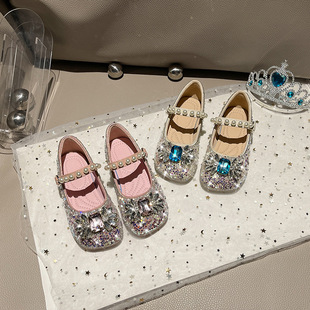Girls' Princess 2025 Spring and Autumn New Children's Rhinestone Sparkling Leather Shoes Baby's All-match Trendy Single-layer Shoes