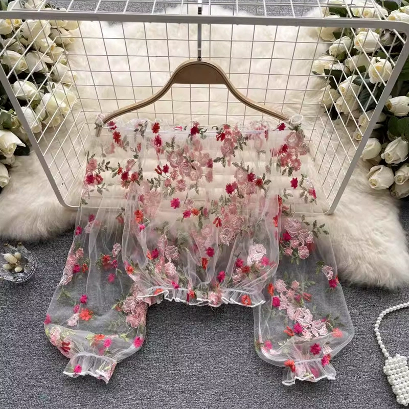 Сетчатая вышивка с прозрачной вышивкой на плече, женская свободная летняя рубашка с пузырьковыми рукавами, короткая блузка с длинными рукавами, кружевная рубашка