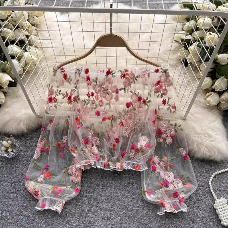 One-Shoulder Mesh Embroidered See-Through Shirt for Women in Summer, Loose Outer Puff-Sleeved Short Blouse, Long-Sleeved Lace Shirt