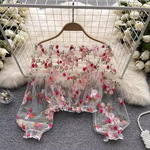 一字肩网纱刺绣透视衬衫女夏季宽松外搭泡泡袖短款罩衫长袖蕾丝衫