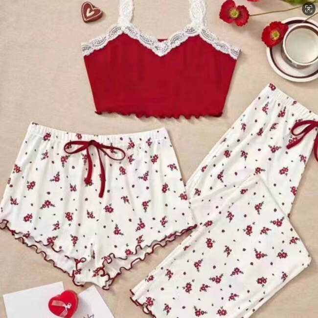 Cross-Border Home Wear Set, Lace Camisole Top, Short Pants, Three-Piece Pajamas for Women, Can Be Worn Outside in Summer Cross-Border Home Wear Set, Lace Camisole Top, Short Pants, Three-Piece Pajamas for Women, Can Be Worn Outside in Summer