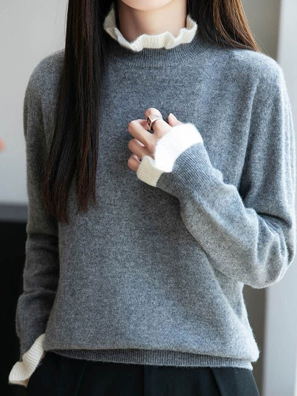 法式木耳花边领100%纯羊毛针织衫女2025秋冬新款拼色洋气保暖内搭|undefined