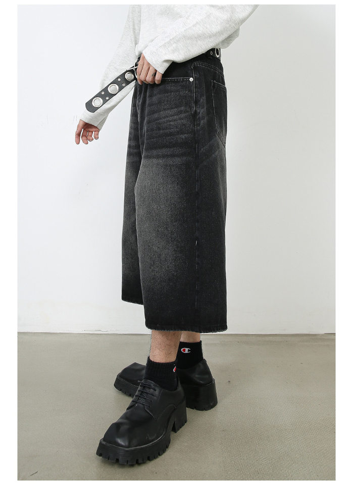 Quần jean nam ống rộng lửng 7/10 phong cách Hàn, lưng cao thoải mái — Làm cũ, Màu trắng, Màu xanh denim thô, Màu đen thô chi tiết 15
