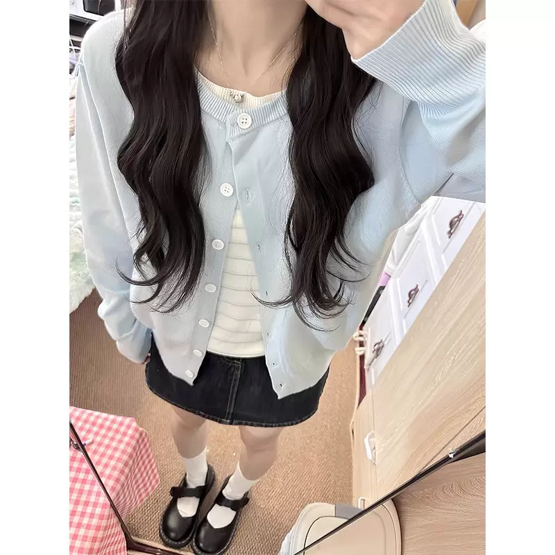 内搭温柔毛衣外套女针织开衫韩系糯蓝色穿搭短款感开春上衣软慵懒