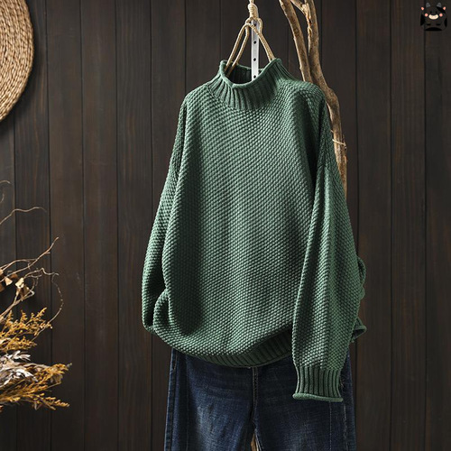 Red art retro 2026 autumn and winter casual pullover semi-turtleneck sweater women's loose large plate knitted base shirt