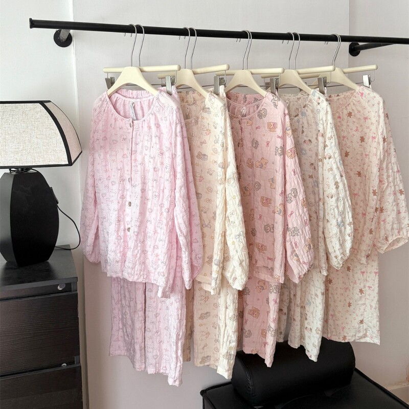 Early Autumn Sweet Girl Tencel Bubble Cotton Pajamas for Women Autum New Style with Breast Pads Cute and Sweet Long-Sleeved Pants Home Clothes
