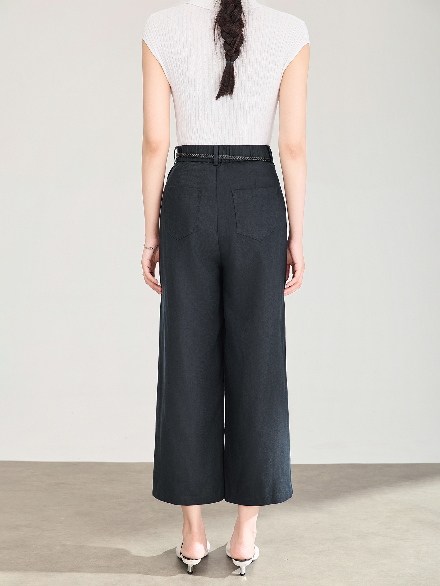 Quần culottes nữ ống rộng dáng suông, cạp cao, chất liệu tencel linen thoáng mát, phù hợp mùa hè — Xanh lông mòng đen