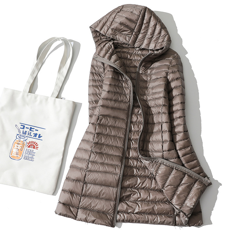 Down Jacket Women's 2023 New Style Lightweight Mid-Length Portable Slim Large Size Lightweight Stand-Up Collar Hooded Winter Jacket