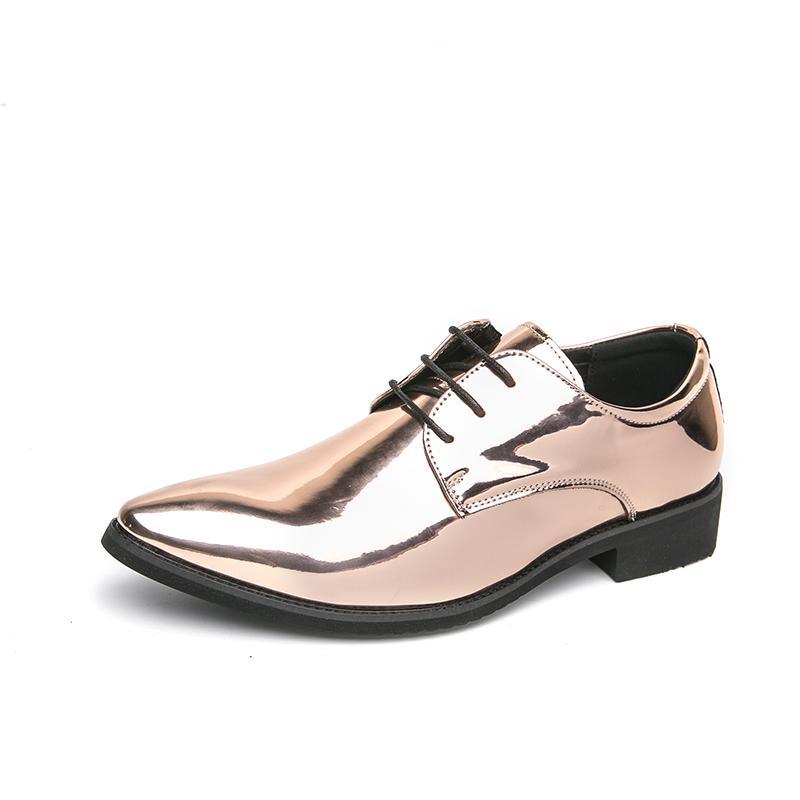 Zapatos de cuero con cordones puntiagudos brillantes para hombres, zapatos derby para banquetes de discoteca de moda para hombres, zapatos dorados para hombres, aumento de talla grande para jóvenes