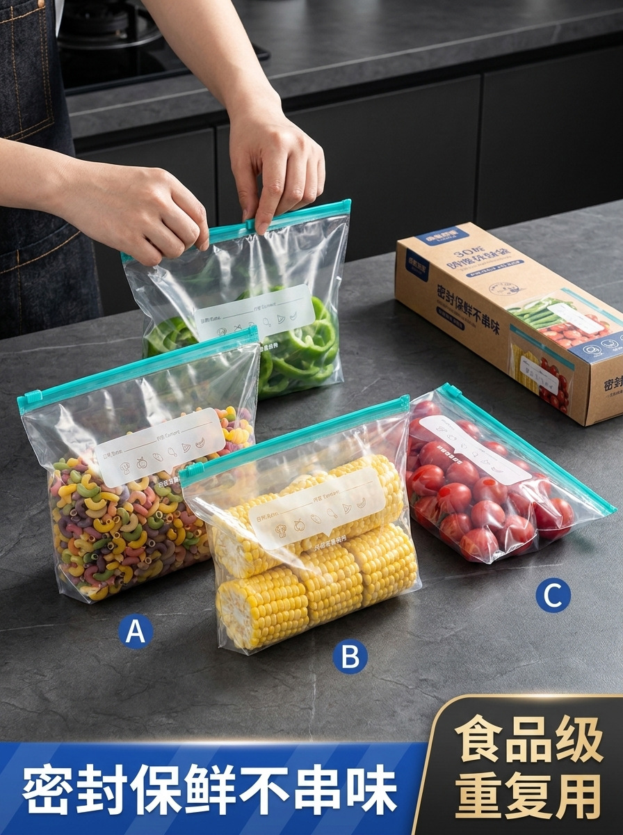 Versiegelte Frischhaltebeutel mit Lebensmittel-Reißverschluss und Schiebeverschluss, erweitertes Design, verstärkt, Kühlschrank-Gefrierschrank-Getreidespeicherbeutel
