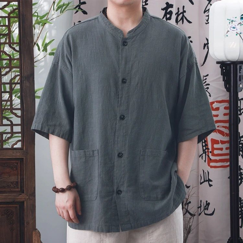 夏季新款国风棉麻男士短袖衬衣中式复古立领休闲衬衫宽松百搭上衣|undefined