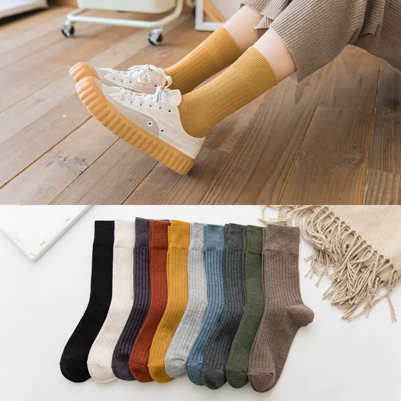 春秋冬新堆堆袜子女士日系纯色竖条棉质中筒学院风潮袜子诸暨批发