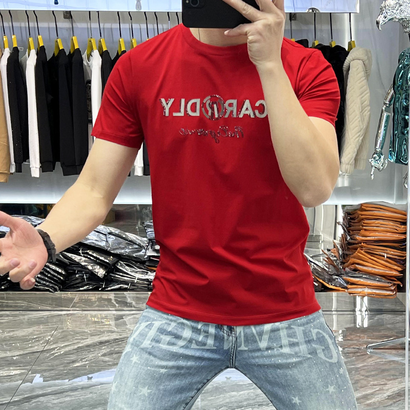 Erkekler 2024 Yaz Yeni Kişiselleştirilmiş Trend Günlük Moda Çok Yönlü Yuvarlak Yaka İnce Kesim Mektup Baskılı Kısa kollu_voghion.com