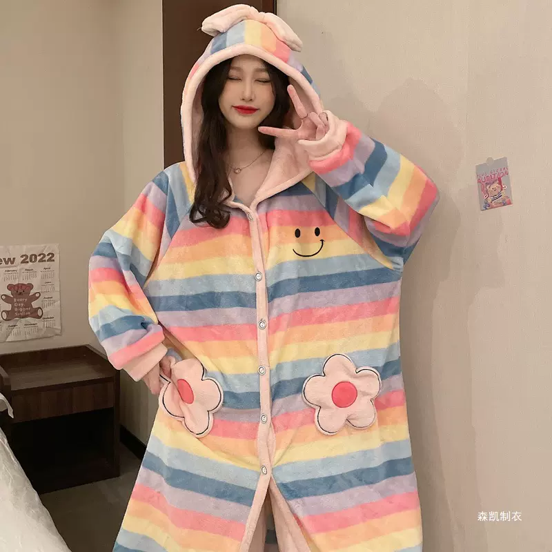 居家休闲珊瑚绒睡衣女秋冬法兰绒连帽睡袍套装中长款家居服套装