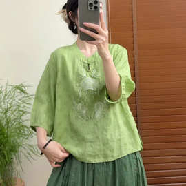 新中式休闲苎麻绣花T恤衫上衣女2026夏季国风盘扣茶服提花薄衬衫
