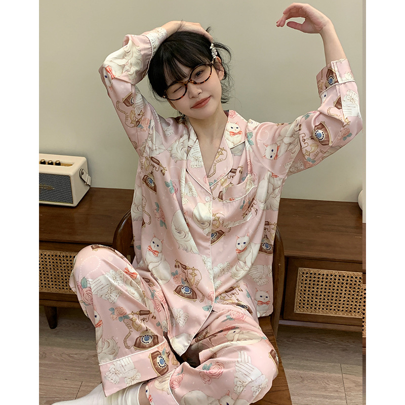 公主小咪小红书可爱猫咪韩系睡衣女冰丝春夏季长袖家居服套装