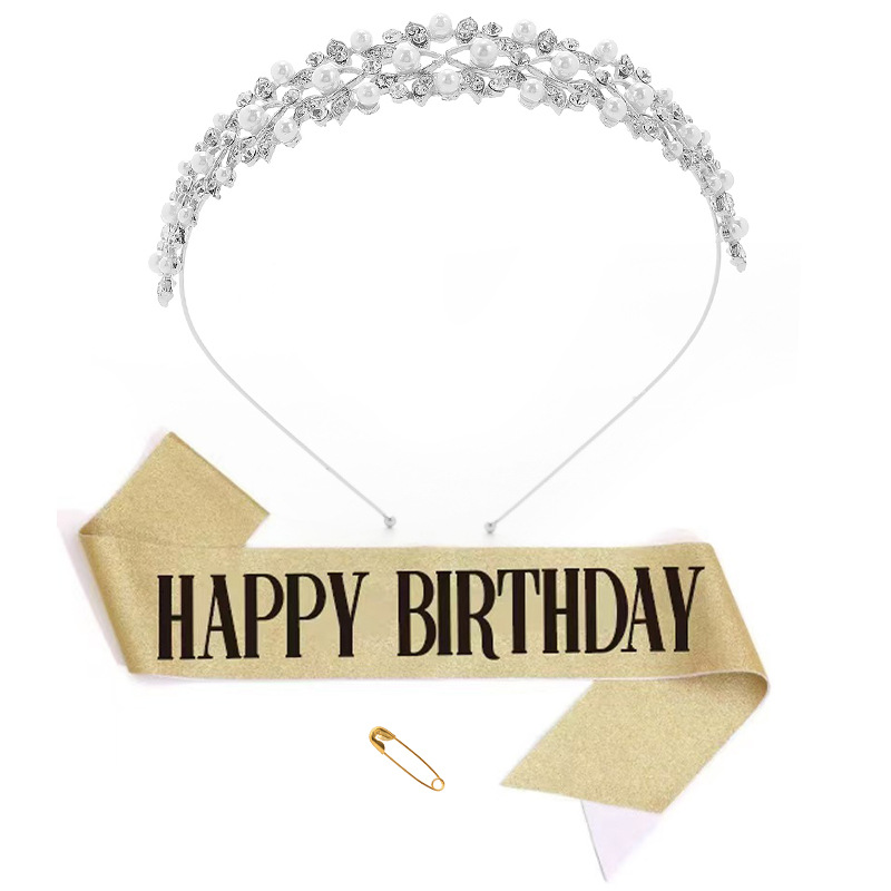 Silver crown + happybirthday gold black ribbon