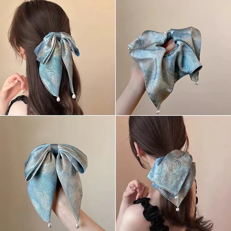 ゴッホの星空スクエアスカーフヘアバンド女性用、高級油絵風サテンスクエアスカーフ、ヘアバンド、ヘッドバンド、アンティークスタイルポニーテールヘア|undefined